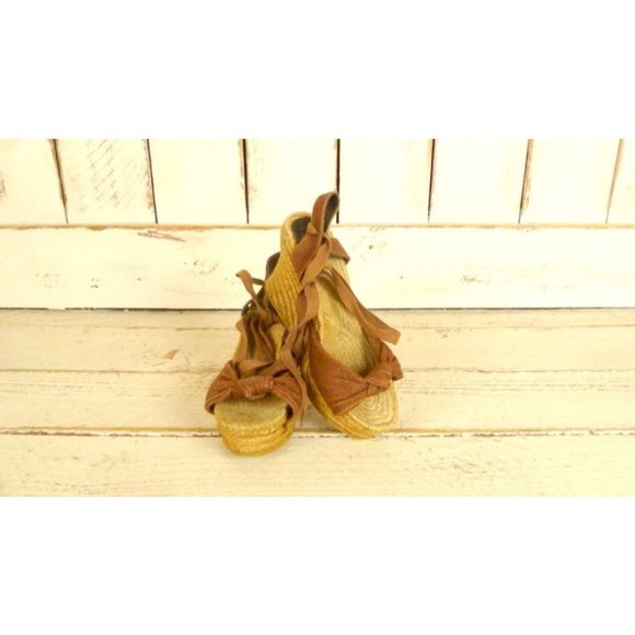Vintage tan brown canvas open toe platform wedge espadrille sandals - Picture 4 of 4